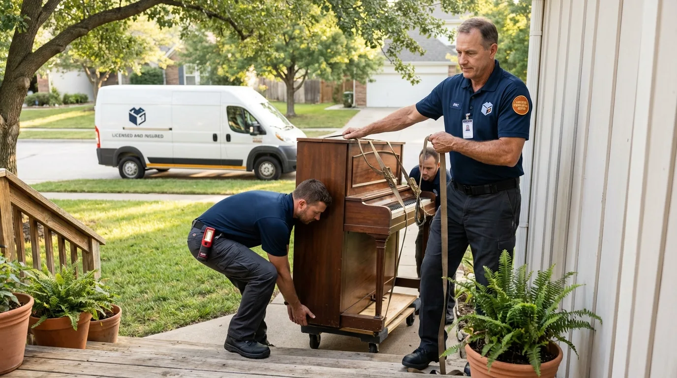 Licensed piano movers securing grand piano in Fremont, IN