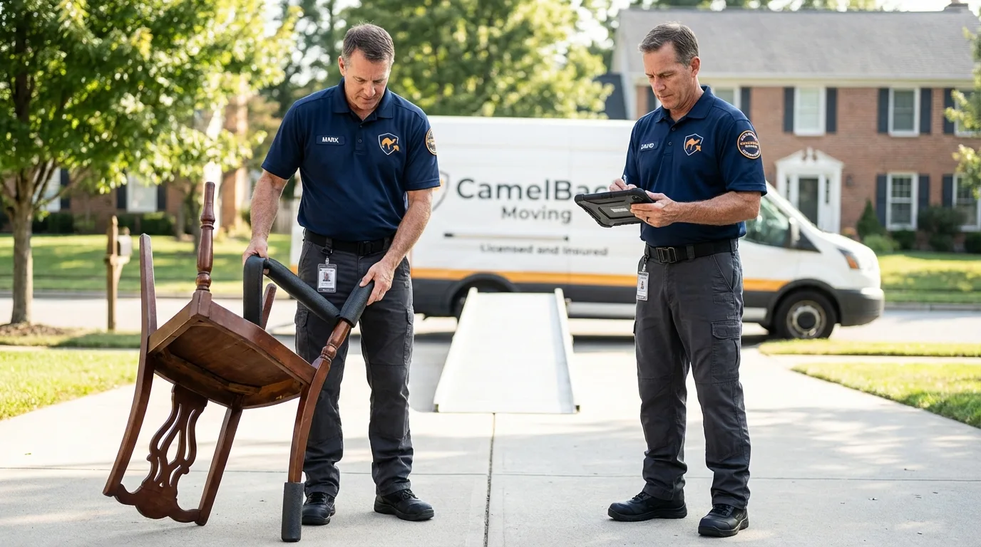 Movers inspecting furniture for damage prevention before loading in Fremont, IN