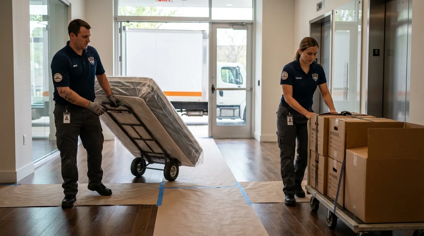 Professional apartment movers loading elevator in Fremont, IN